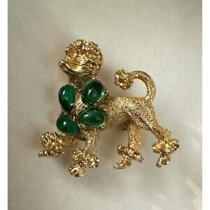 Boucher Poodle Brooch Gold Tone w/ Green Cabochons